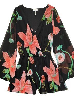 LEITH NORDSTROM CHIFFON BLACK FLORAL ROMPER BELL SLEEVE ROMANTIC BLOOMCORE SMALL